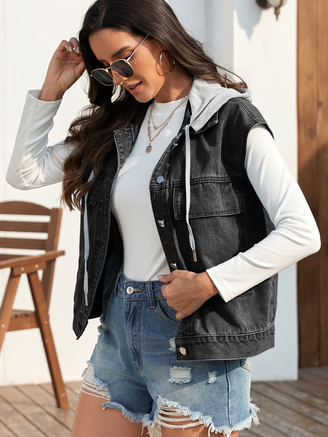 Women's Drawstring Button Up Sleeveless Denim Jacket | Casual & Trendy