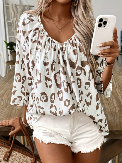 Ruched Leopard V-Neck Blouse – Bold, Stylish & Effortlessly Chic