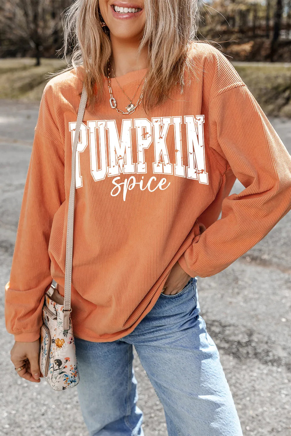 Pumpkin Spice Letter Graphic Long Sleeve Sweatshirt – Cozy Orange Rust Fall Sweater