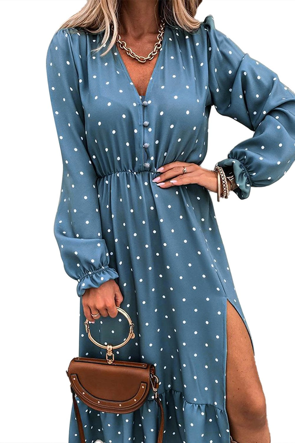 Button Polka Dot High Slit Ruffled MIDI Dress – Chic and Flirty for Any Occasion