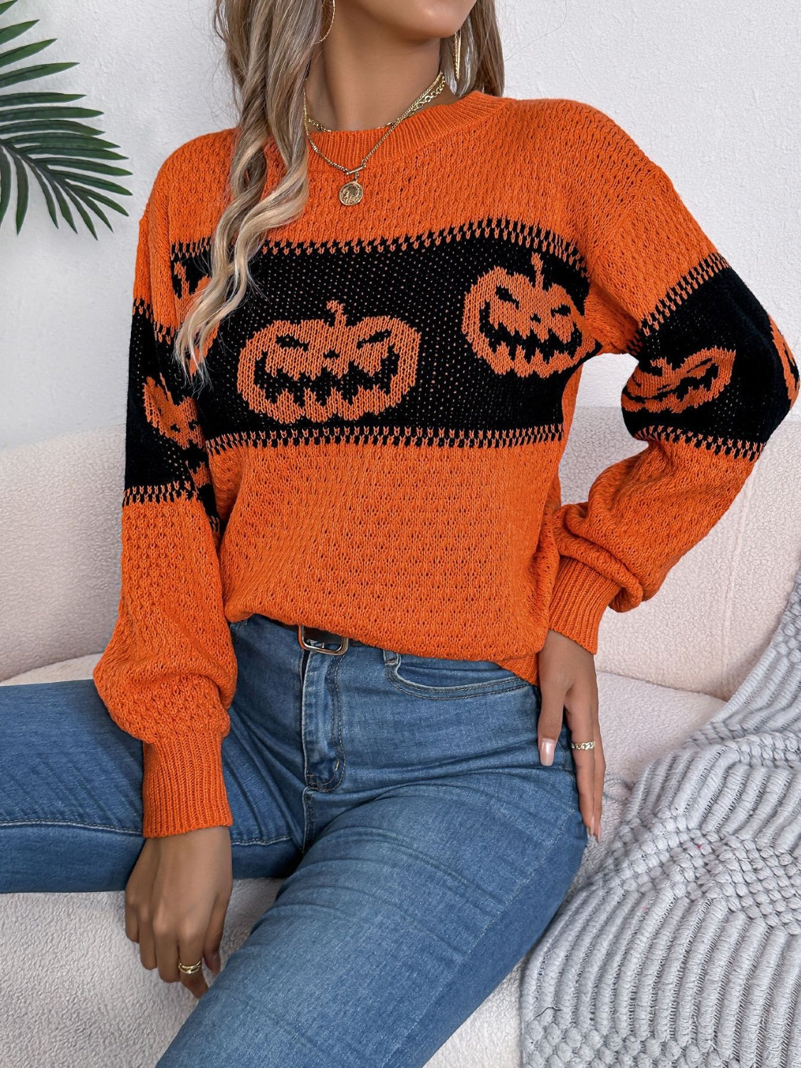 Pumpkin Round Neck Long Sleeve Sweater