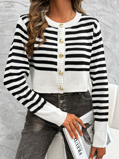 Stylish Striped Round Neck Button Down Cardigan