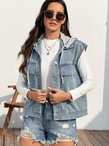 Women's Drawstring Button Up Sleeveless Denim Jacket | Casual & Trendy