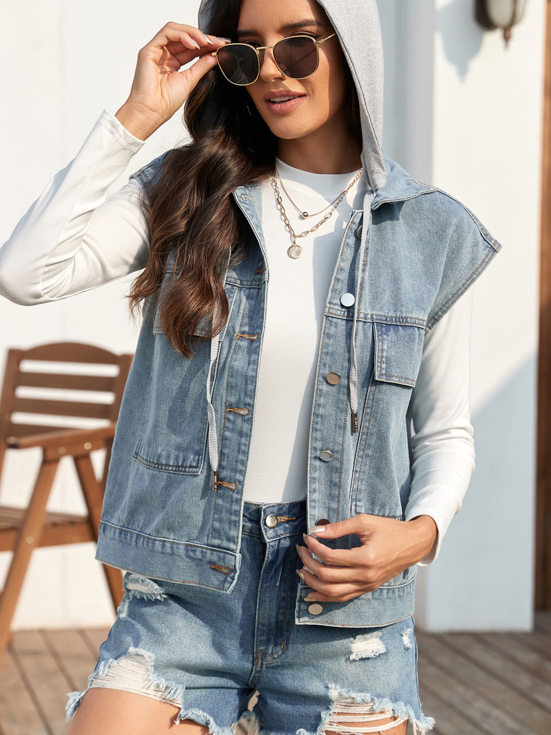 Women's Drawstring Button Up Sleeveless Denim Jacket | Casual & Trendy