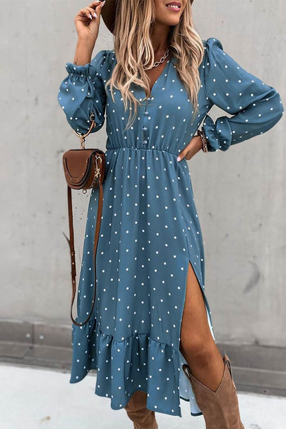 Button Polka Dot High Slit Ruffled MIDI Dress – Chic and Flirty for Any Occasion