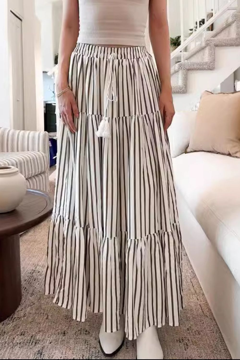 Tied Striped Maxi Long Skirt