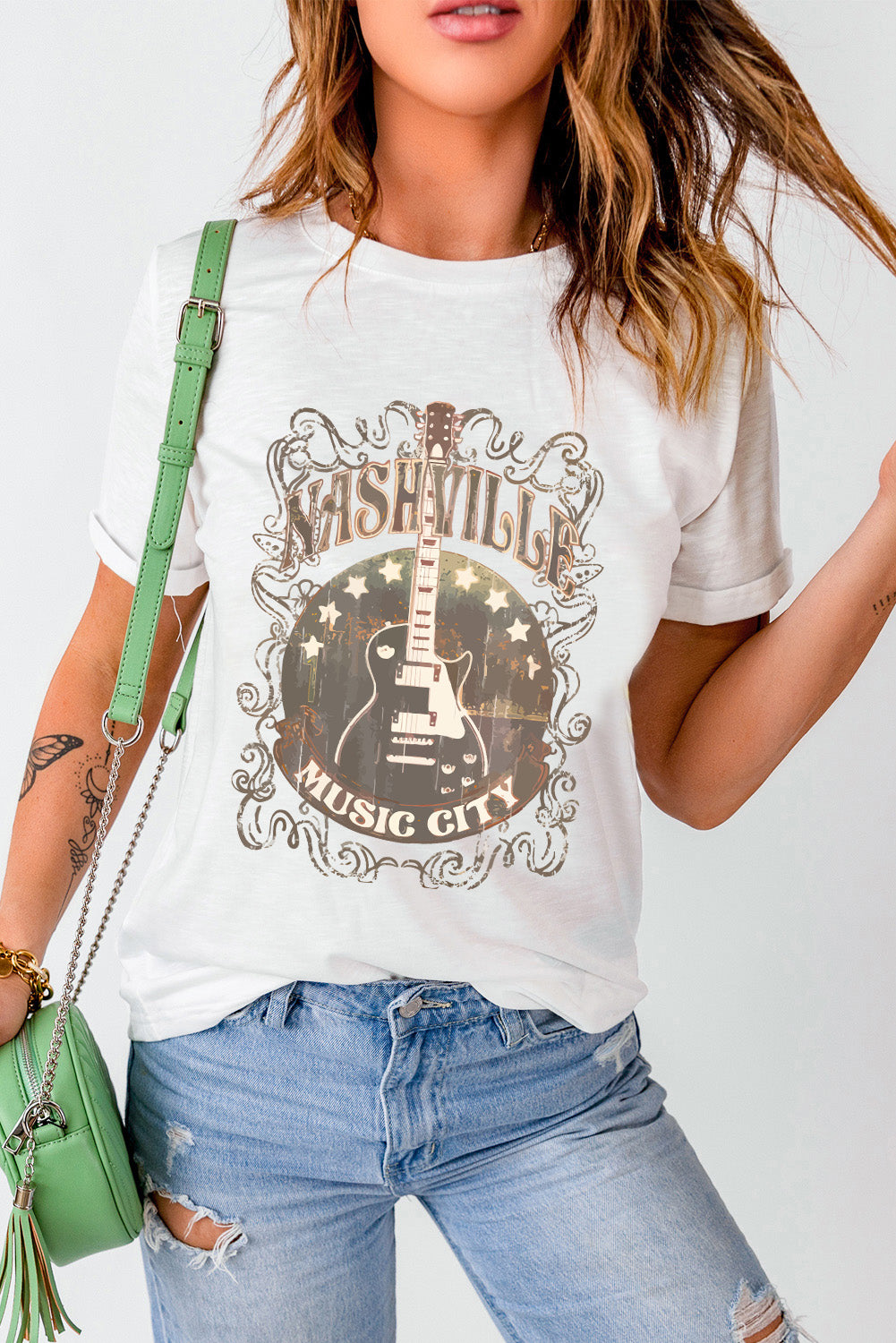 Nashville Music City Guitar Graphic Round Neck Short Sleeve Tee