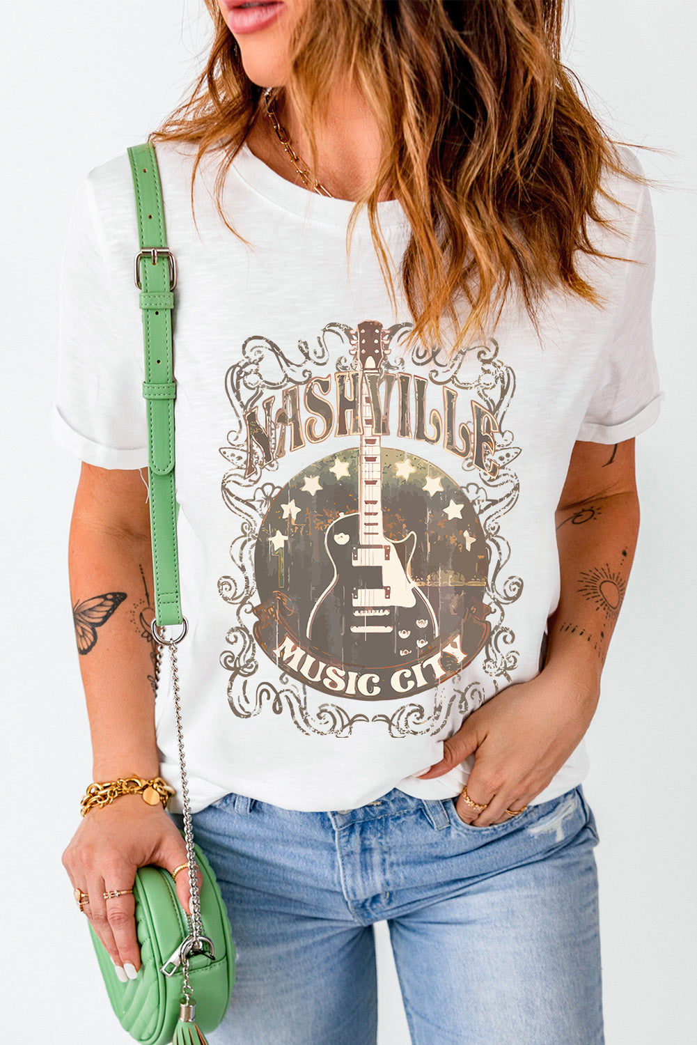 Nashville Music City Guitar Graphic Round Neck Short Sleeve Tee