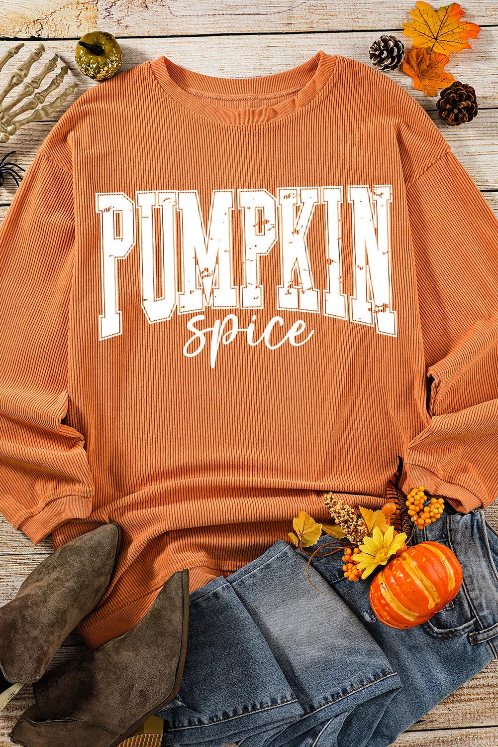 Pumpkin Spice Letter Graphic Long Sleeve Sweatshirt – Cozy Orange Rust Fall Sweater