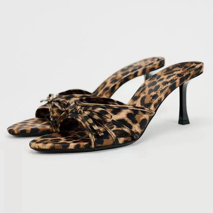 Bow Leopard Print Heel Sandals