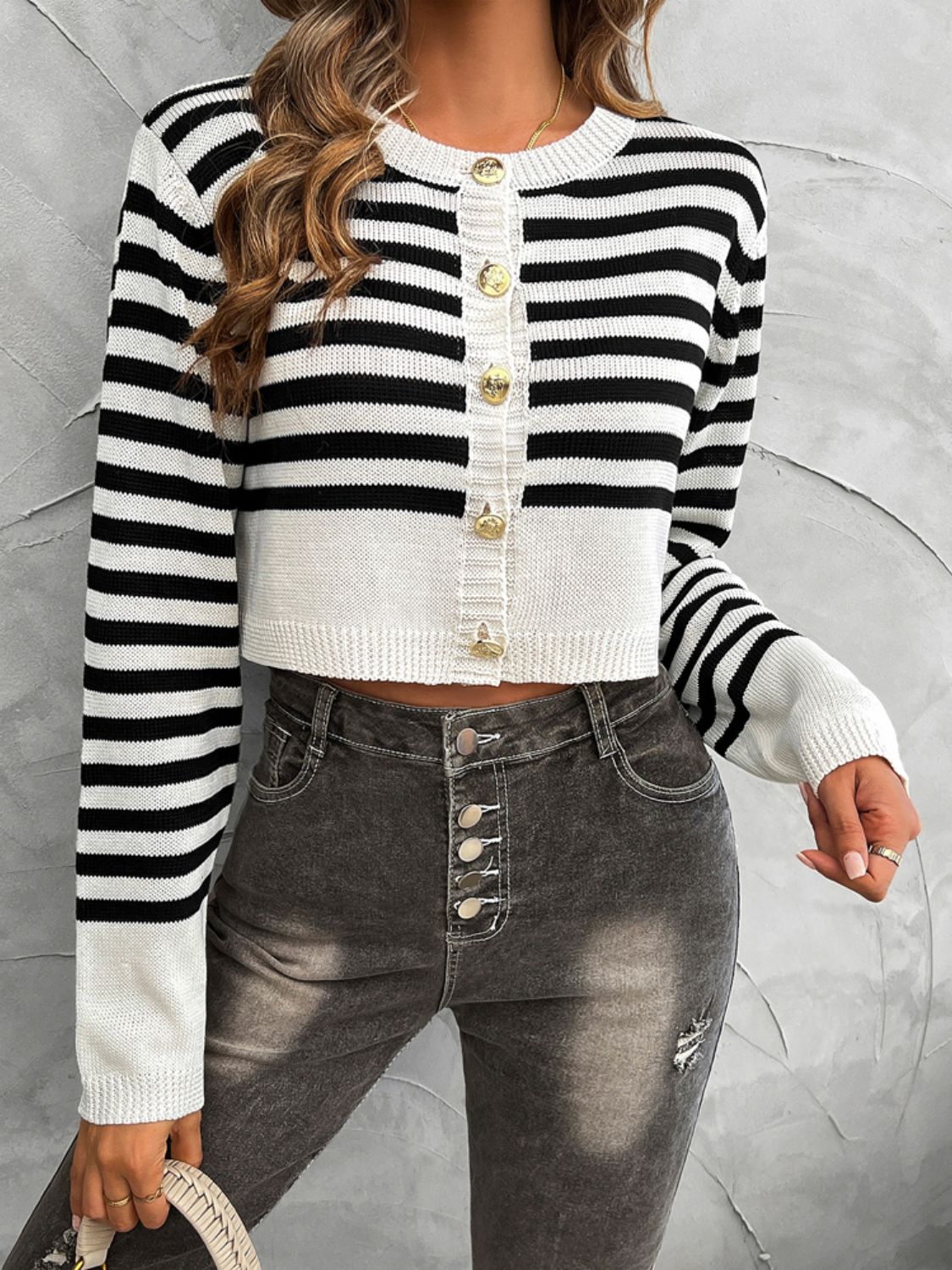 Stylish Striped Round Neck Button Down Cardigan