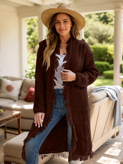 Fringe Open Front Long Sleeve Cardigan – Stylish & Cozy Laye