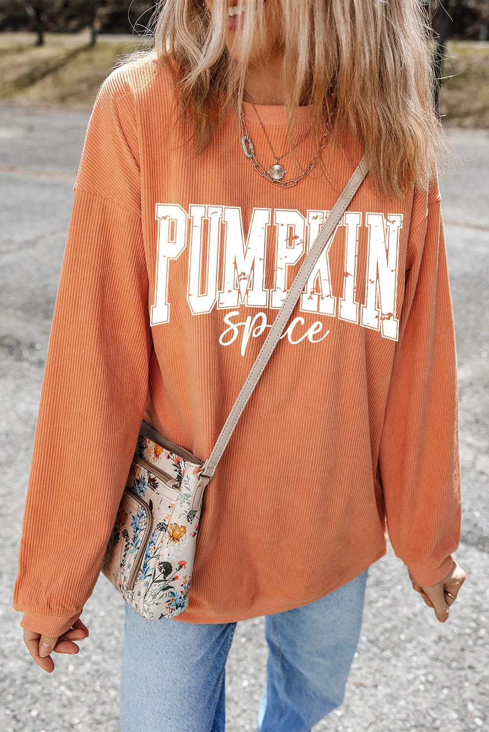 Pumpkin Spice Letter Graphic Long Sleeve Sweatshirt – Cozy Orange Rust Fall Sweater