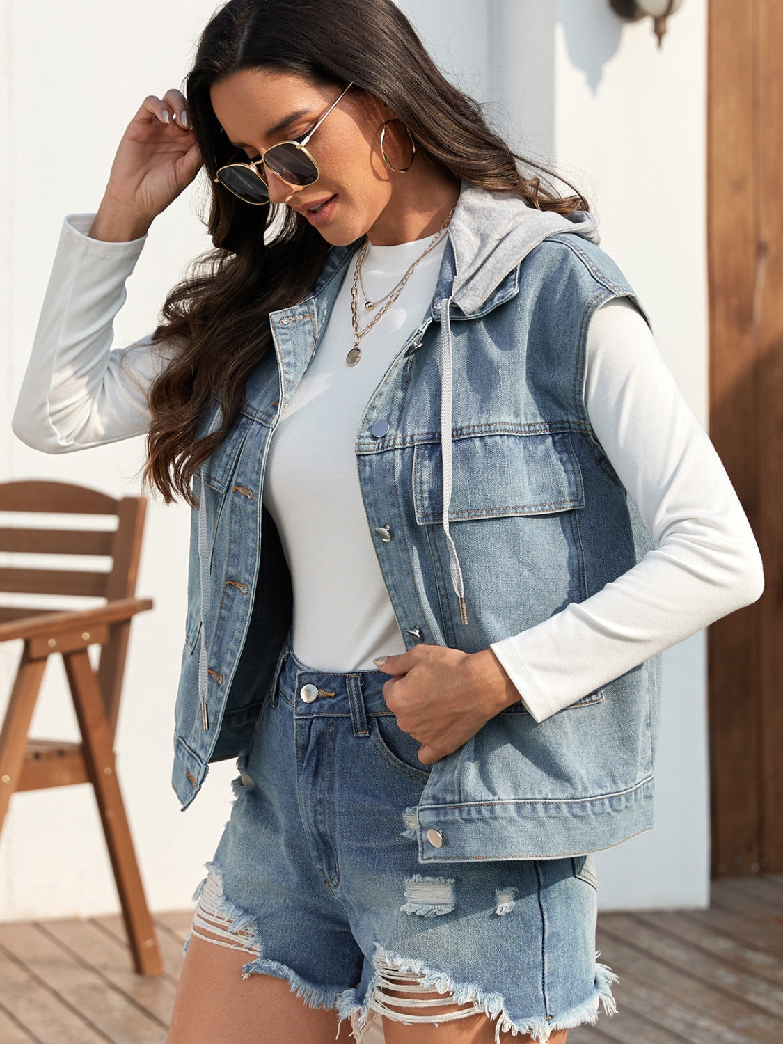 Women's Drawstring Button Up Sleeveless Denim Jacket | Casual & Trendy