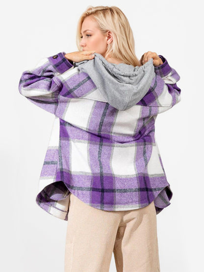 Drawstring Plaid Button Up Long Sleeve Outerwear