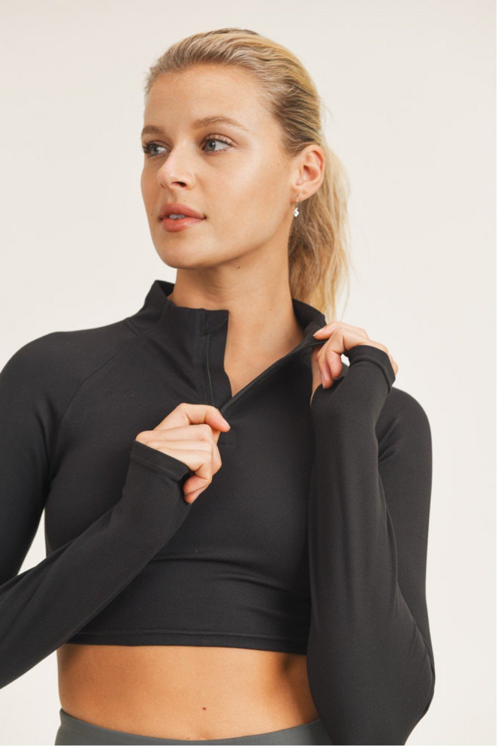 High-Neck Cropped Active Top with Long Sleeves & Thumbholes