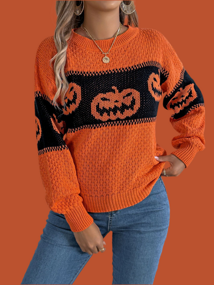 Pumpkin Round Neck Long Sleeve Sweater