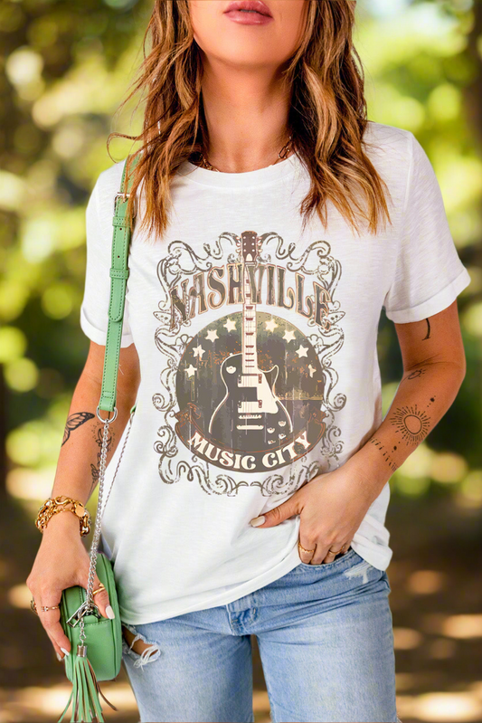 Nashville Music City Guitar Graphic Round Neck Short Sleeve Tee