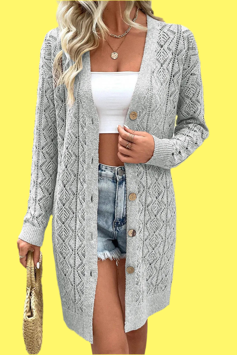 Openwork Button Down Long Sleeve Cardigan