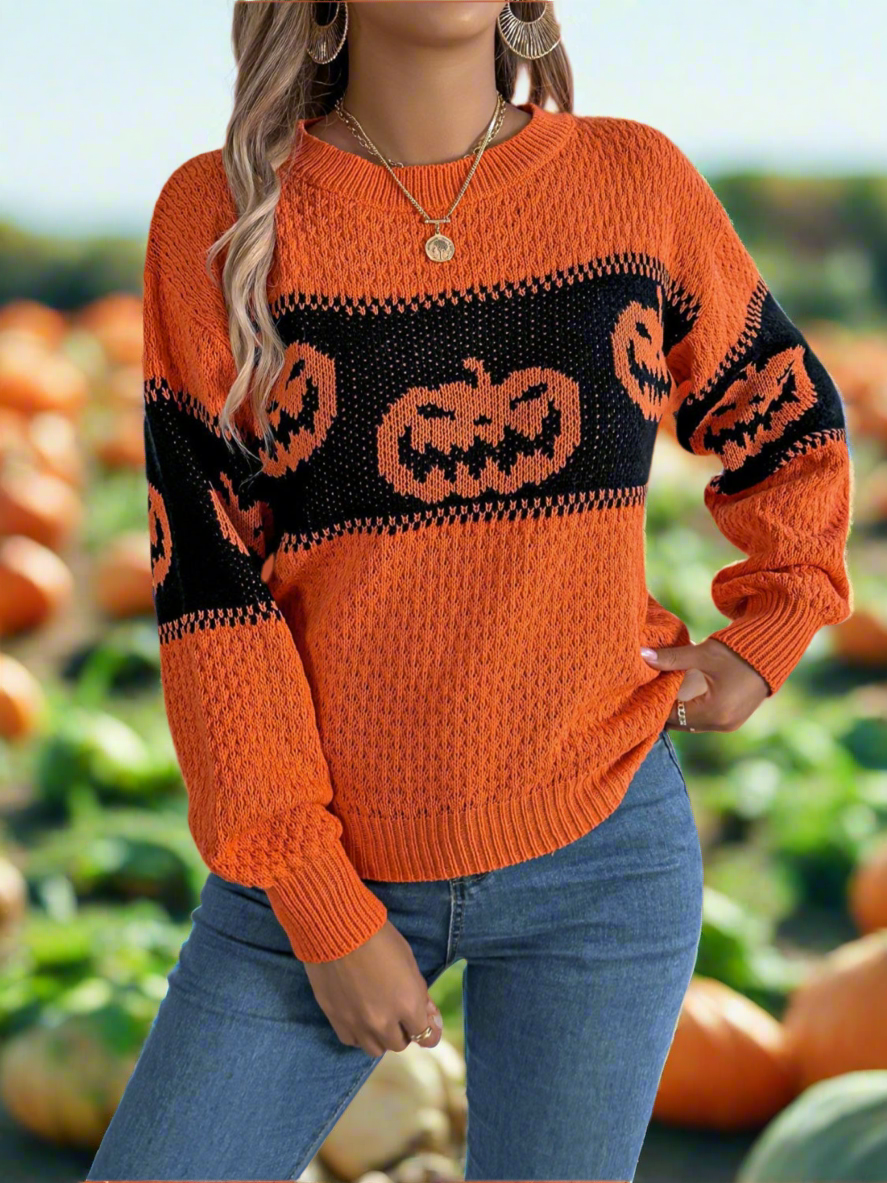 Pumpkin Round Neck Long Sleeve Sweater