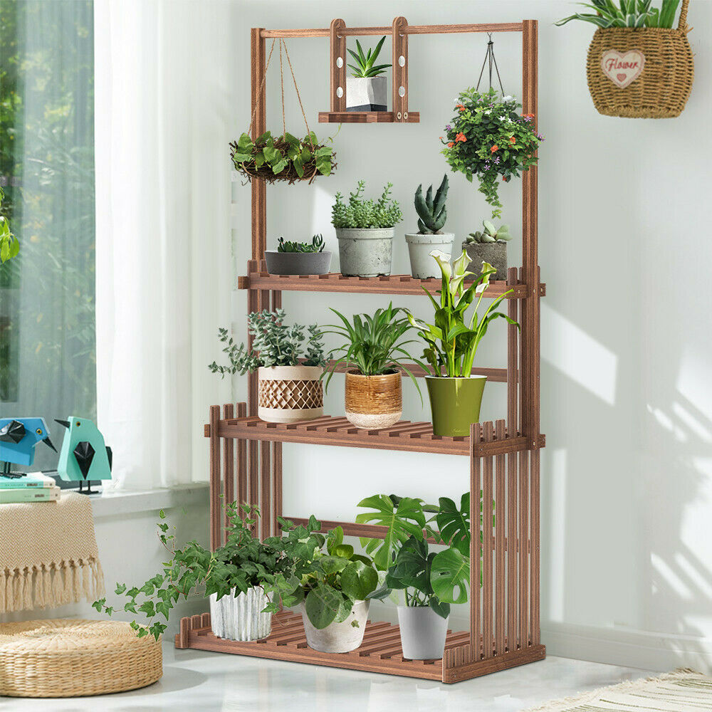 Versatile 3-Tier Wooden Plant Stand with Hanging Rods – Stylish & Space-Saving Home Decor