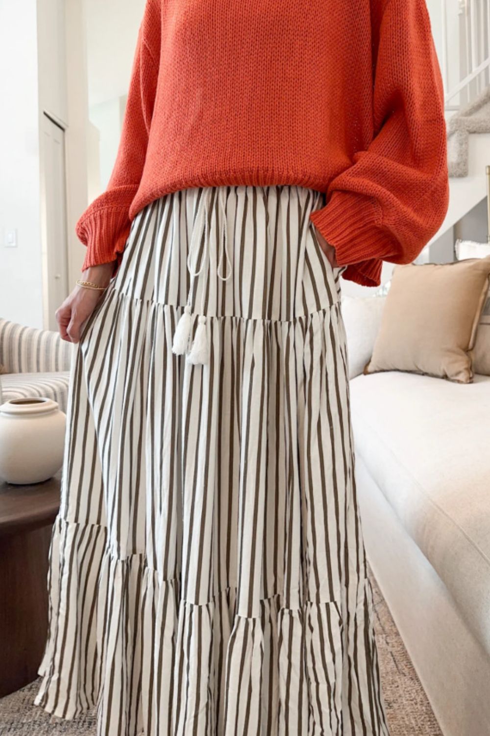 Tied Striped Maxi Long Skirt