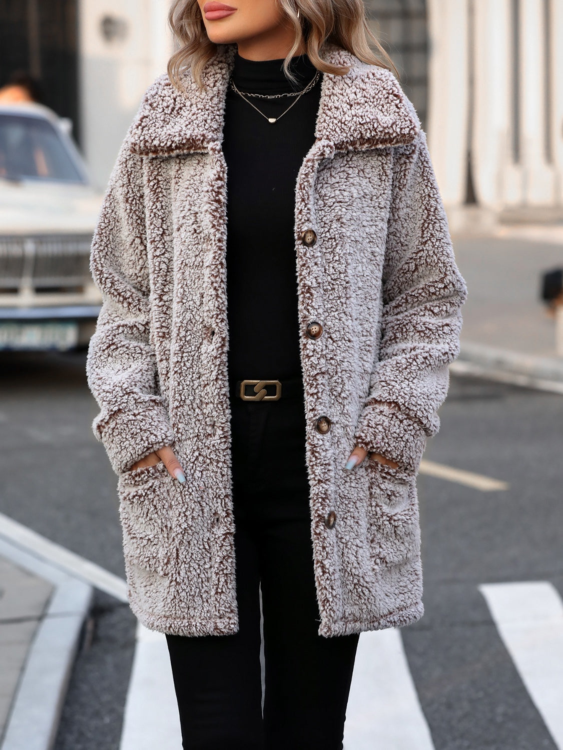 Pocketed Collared Neck Long Sleeve Plush Jacket – Social Riiz