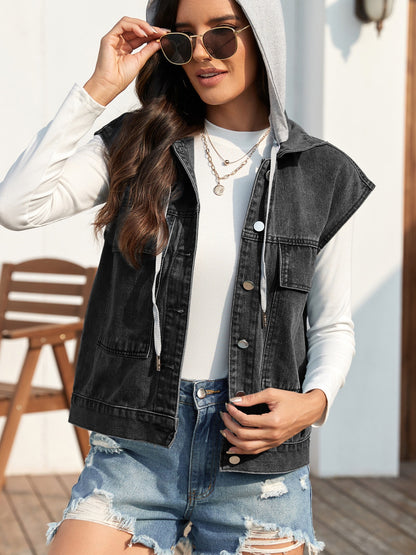 Women's Drawstring Button Up Sleeveless Denim Jacket | Casual & Trendy