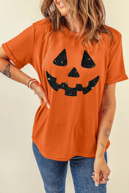 Full Size Glitter Round Neck Short Sleeve T-Shirt – Shine Bright in Pumpkin Orange