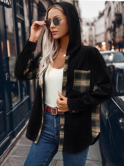 Pocketed Plaid Button Down Hooded Shacket