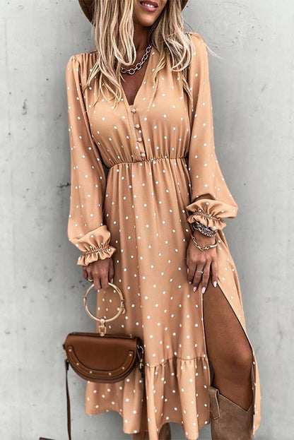 Button Polka Dot High Slit Ruffled MIDI Dress – Chic and Flirty for Any Occasion