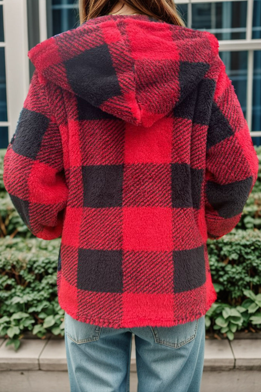 【RED】Detachable hood plaid jkt Double Take Full Size Plaid Long Sleeve Hooded Coat – Social Riiz