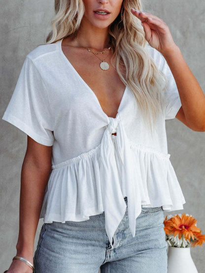 Tied Plunge Short Sleeve Blouse