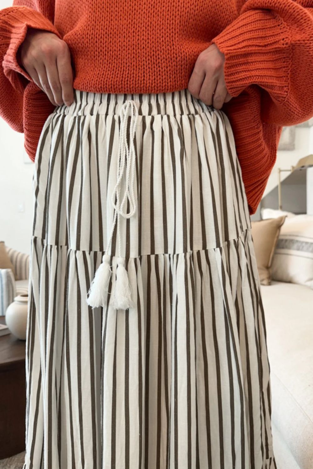 Tied Striped Maxi Long Skirt