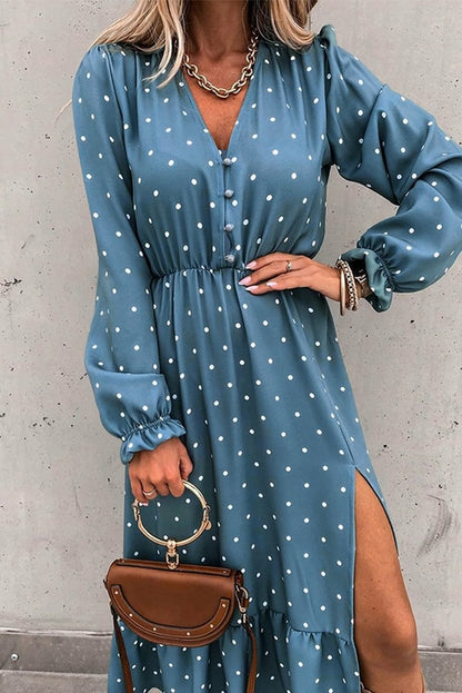 Button Polka Dot High Slit Ruffled MIDI Dress – Chic and Flirty for Any Occasion